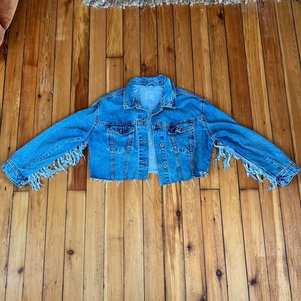 Bershka fringe denim crop jacket western Small